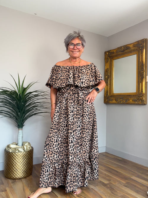 Animal Print Frill Bardot Dress