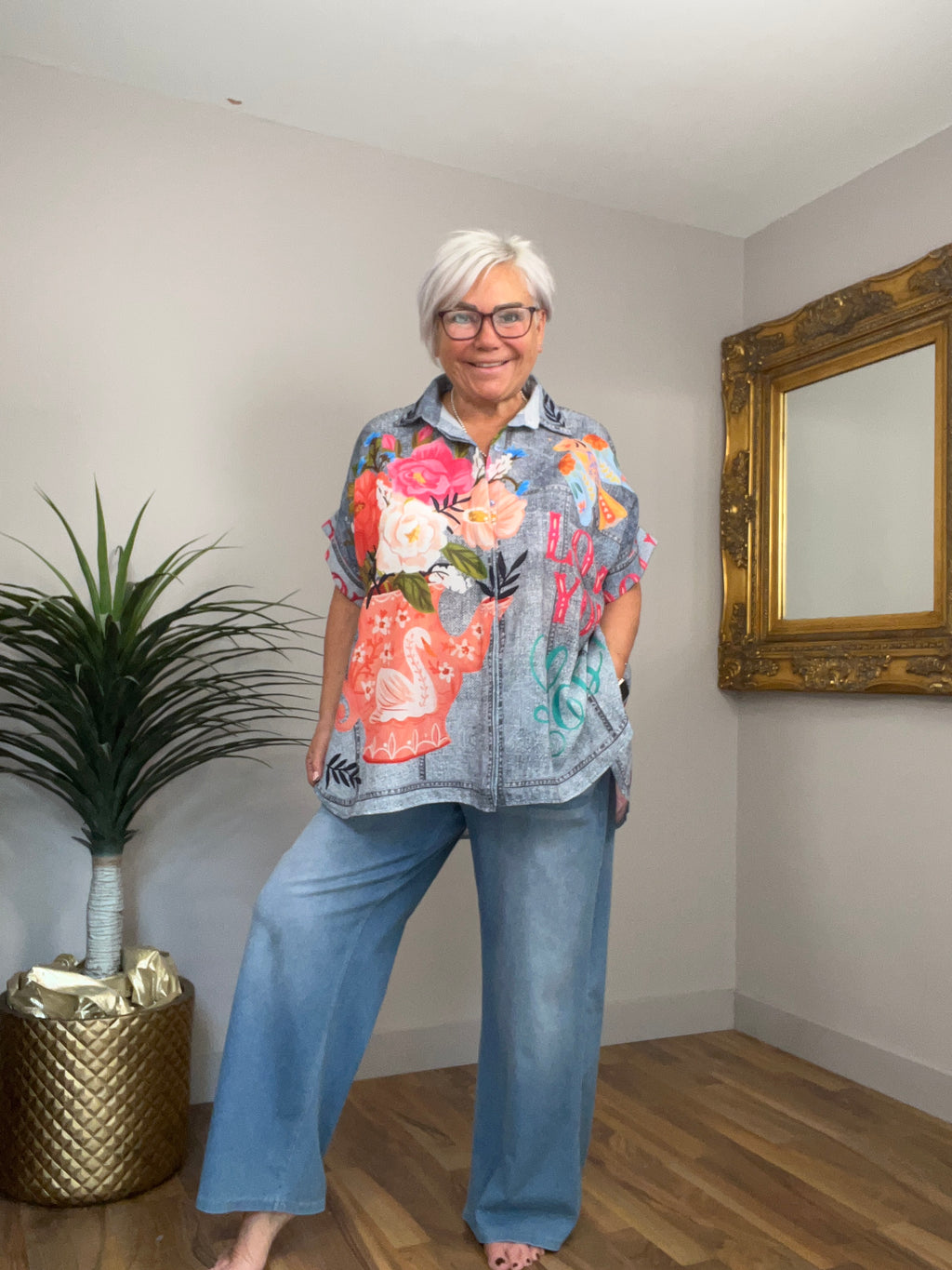 🔥 Sale No Return - Floral Denim Look Shirt