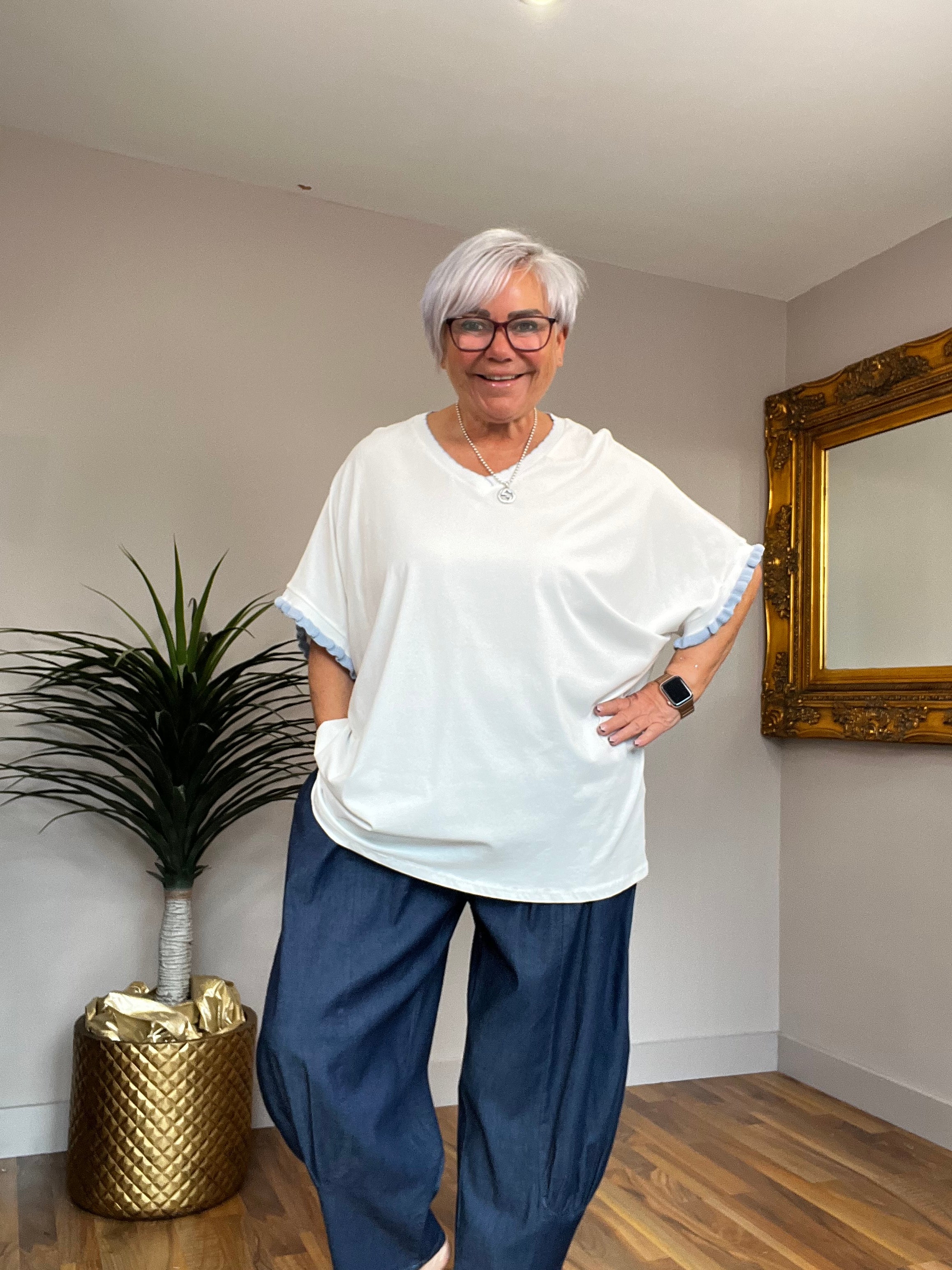 Pale Blue Trimmed V Neck T-Shirt