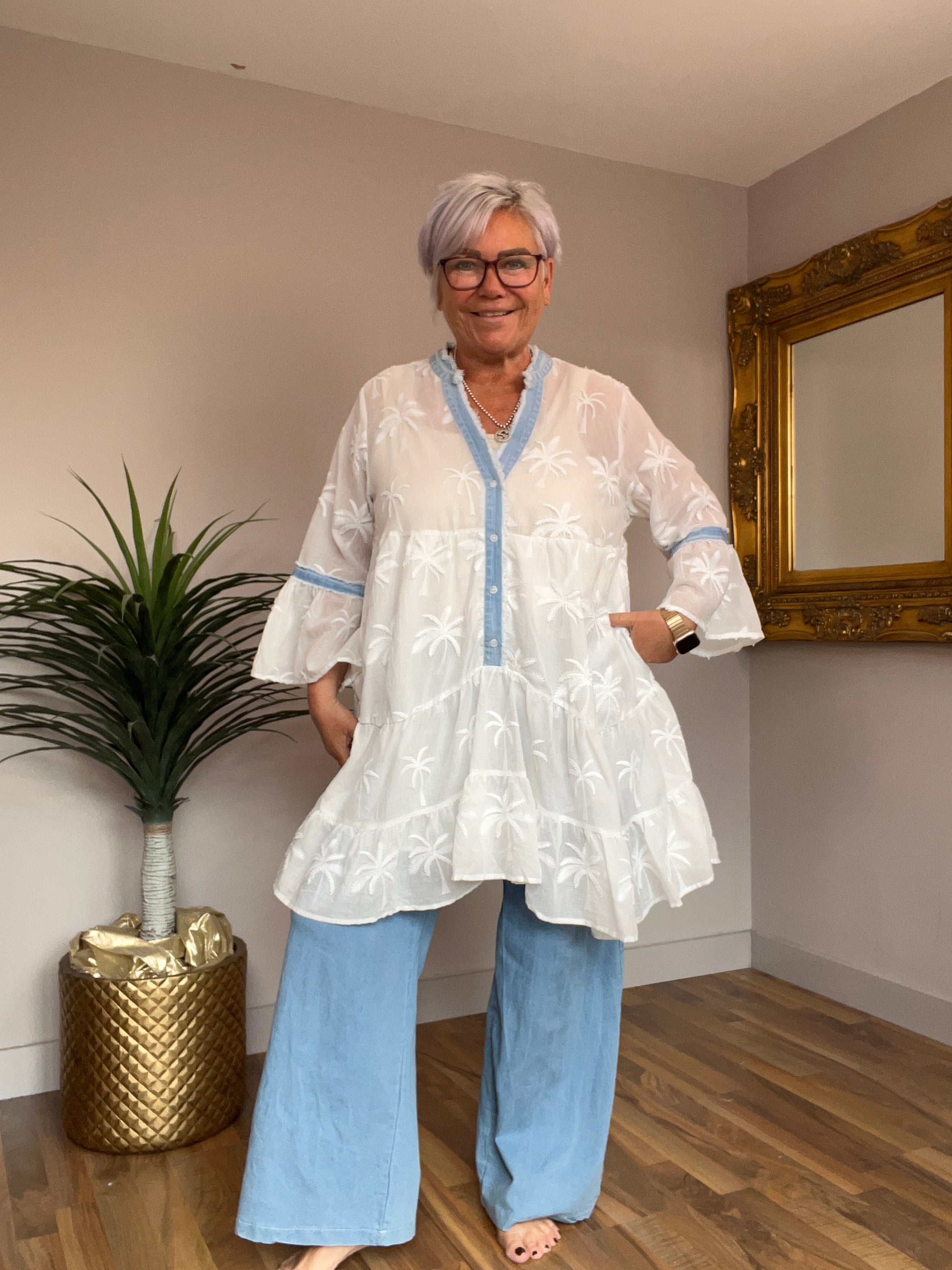 White Palmtree Embroidered Smock Tunic