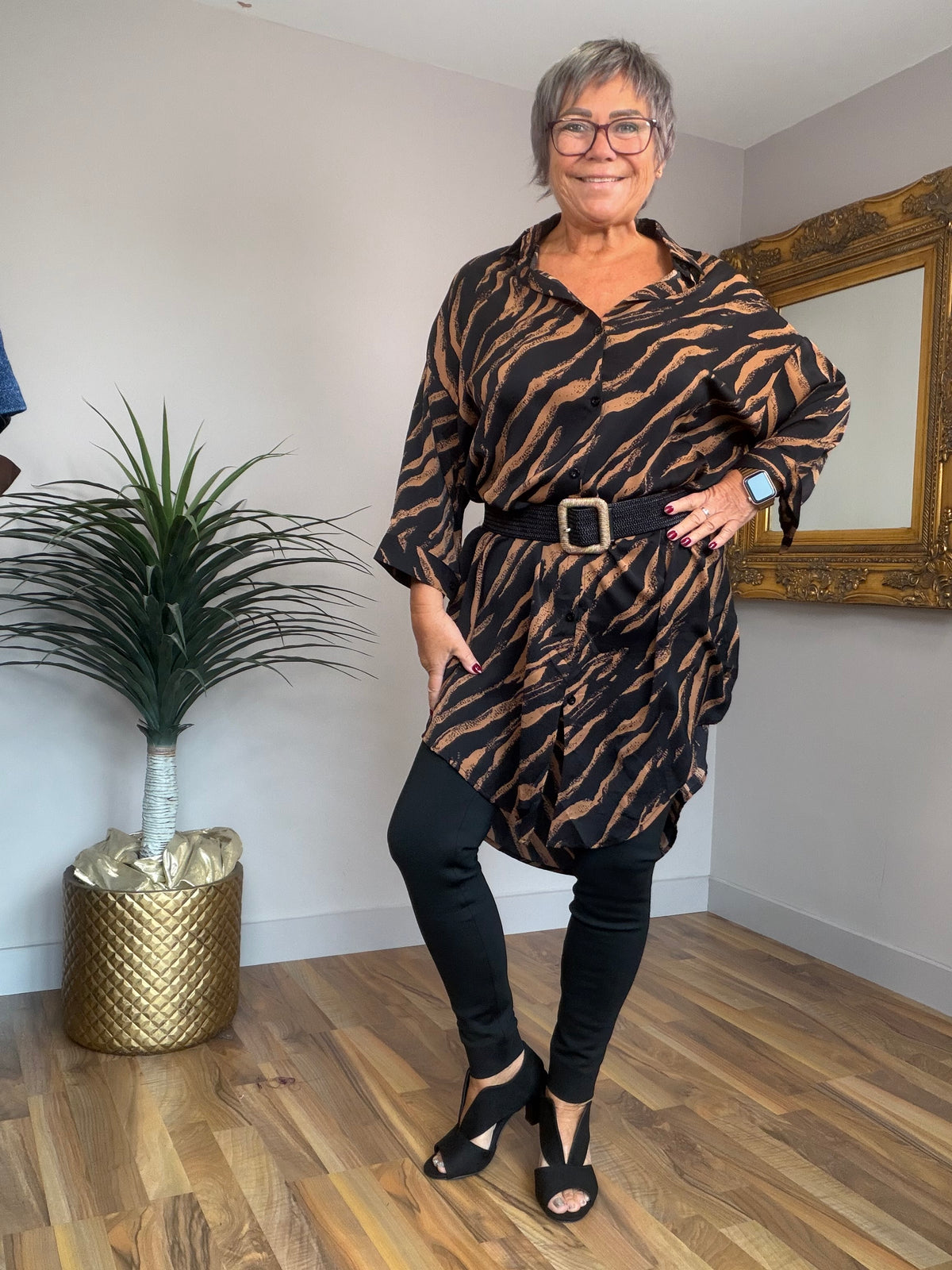 🔥Sale No Return - Black/Caramel Animal Shirt/Tunic Dress