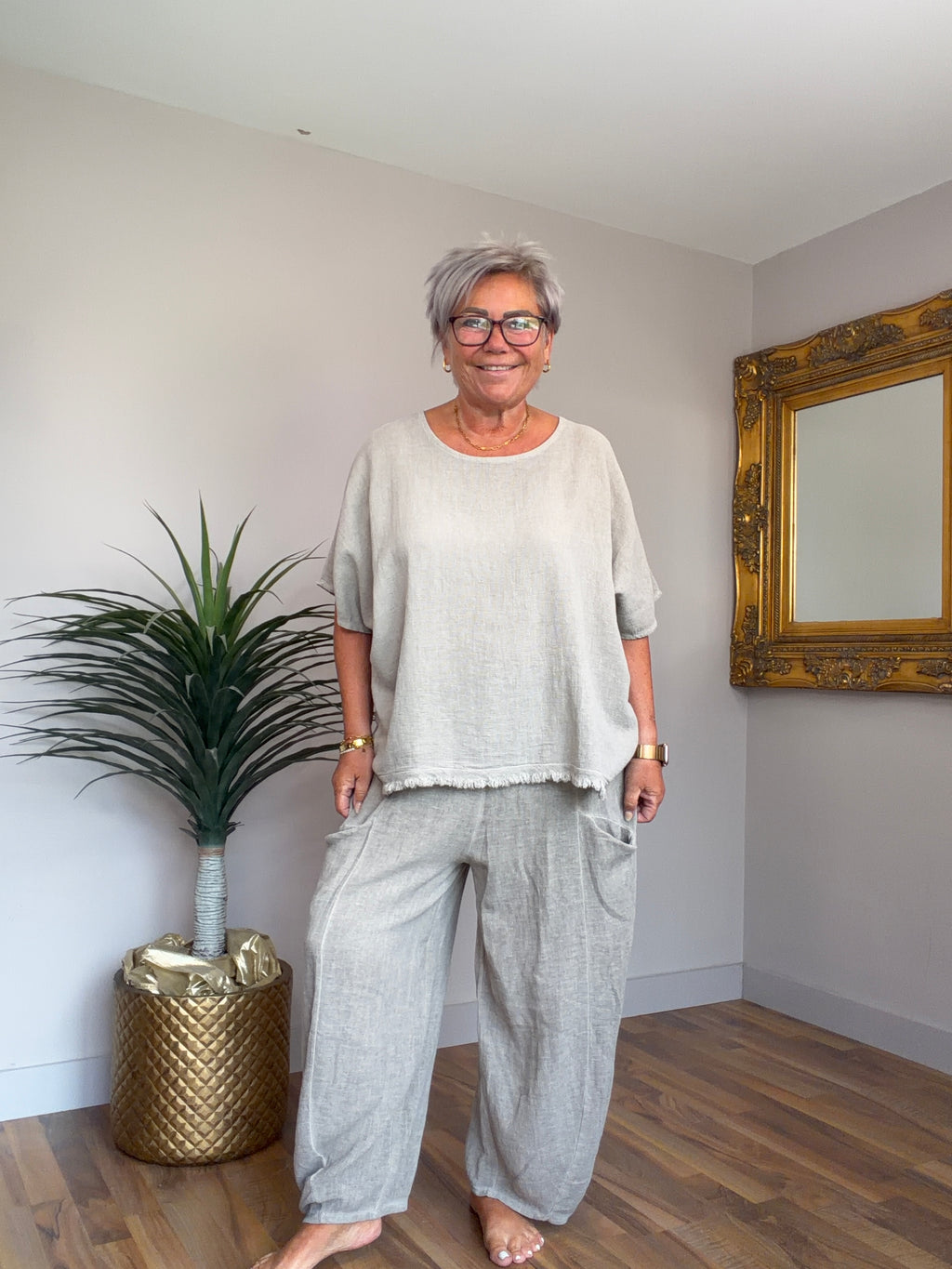 Lucy Linen Mix Barrel Leg  Pants (matching top available)