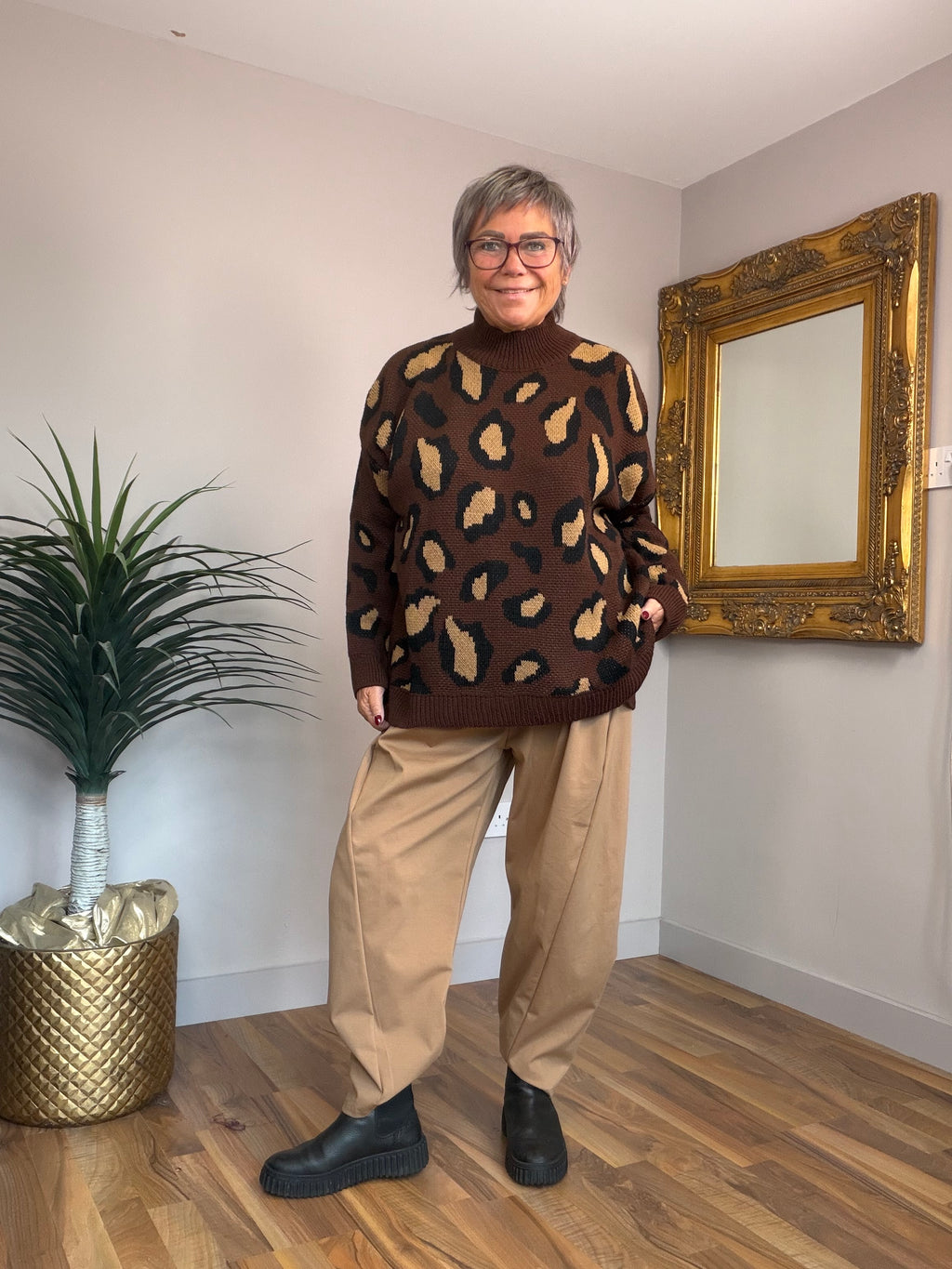 Turtle Neck Animal Print Knit Top