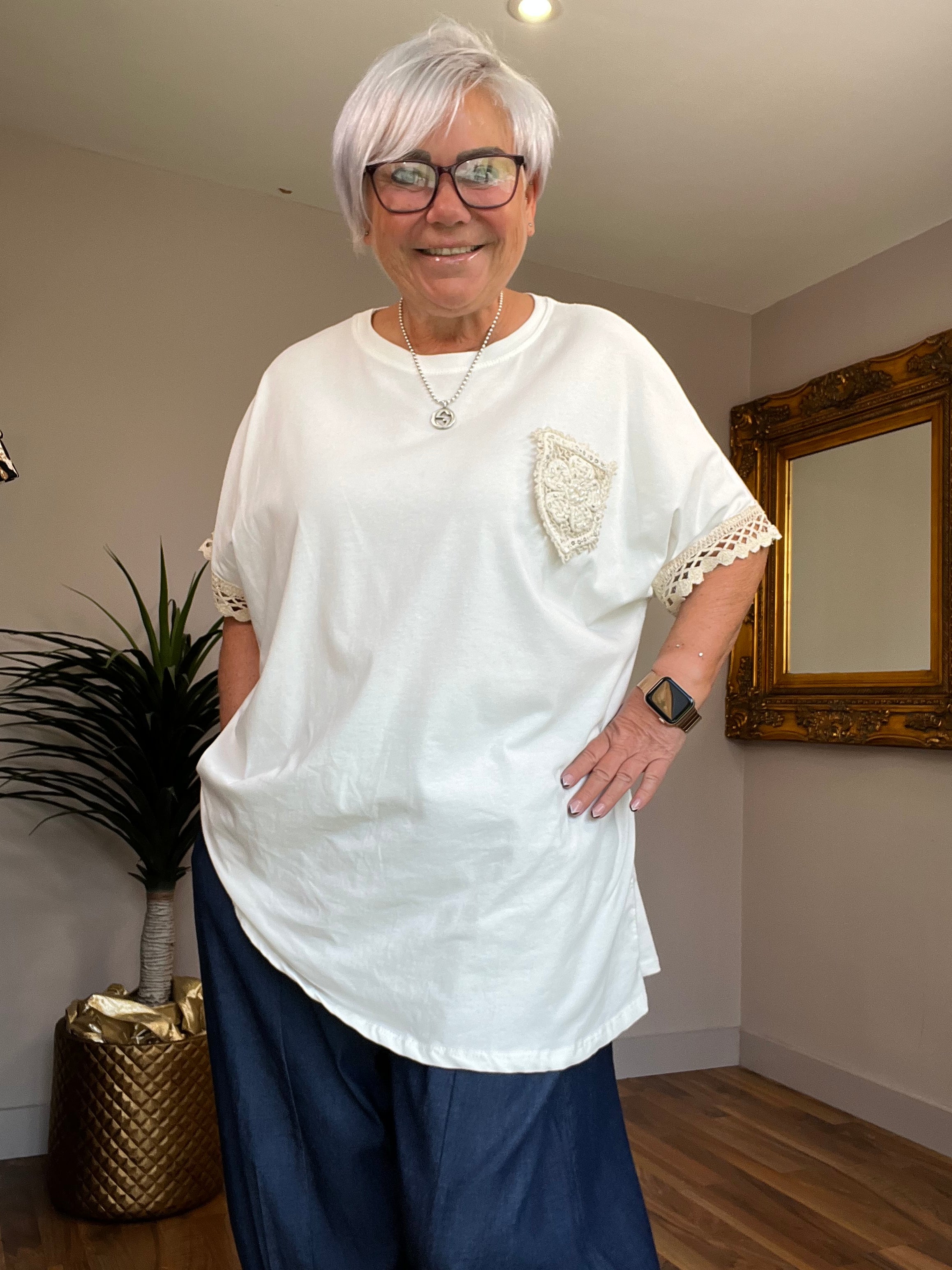 Ecru Crochet Pocket T Shirt