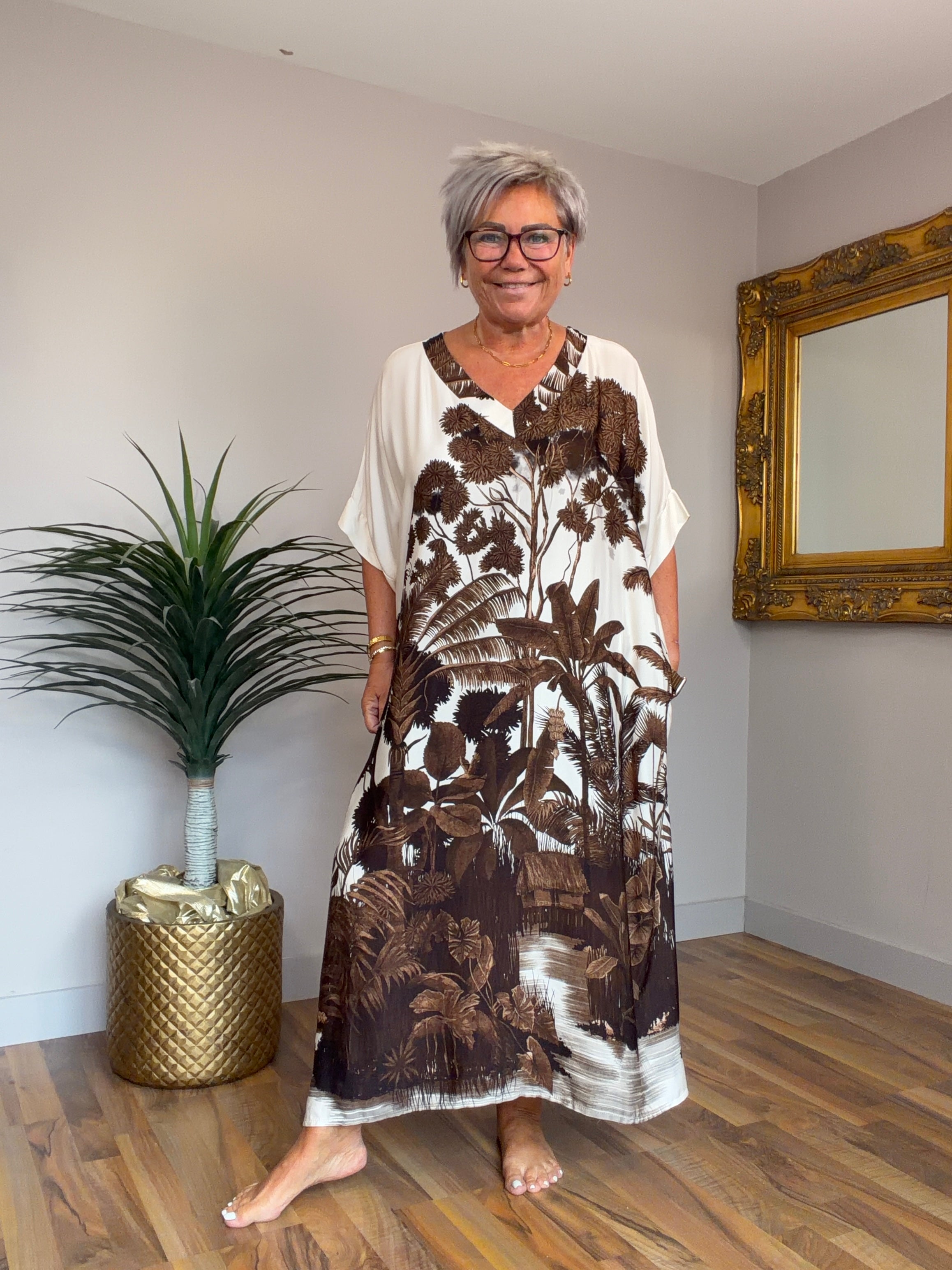 Silk Mix Palm Tree Pocket Dress