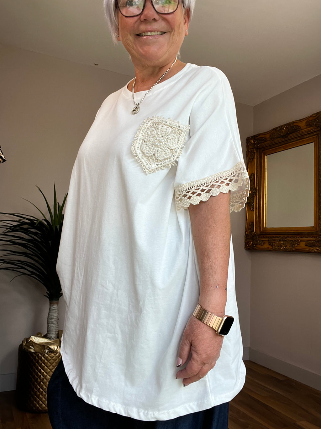 Ecru Crochet Pocket T Shirt
