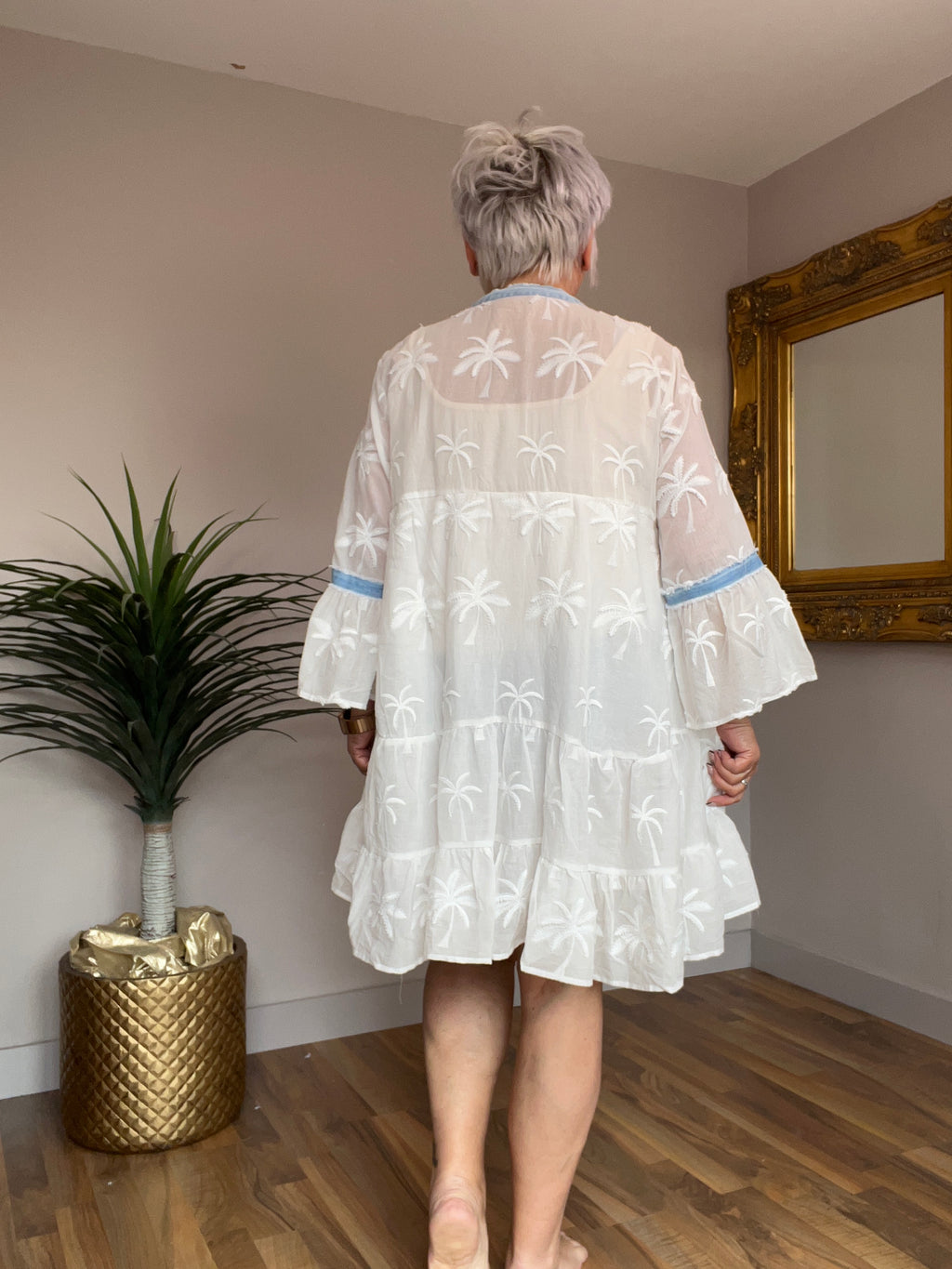 White Palmtree Embroidered Smock Tunic