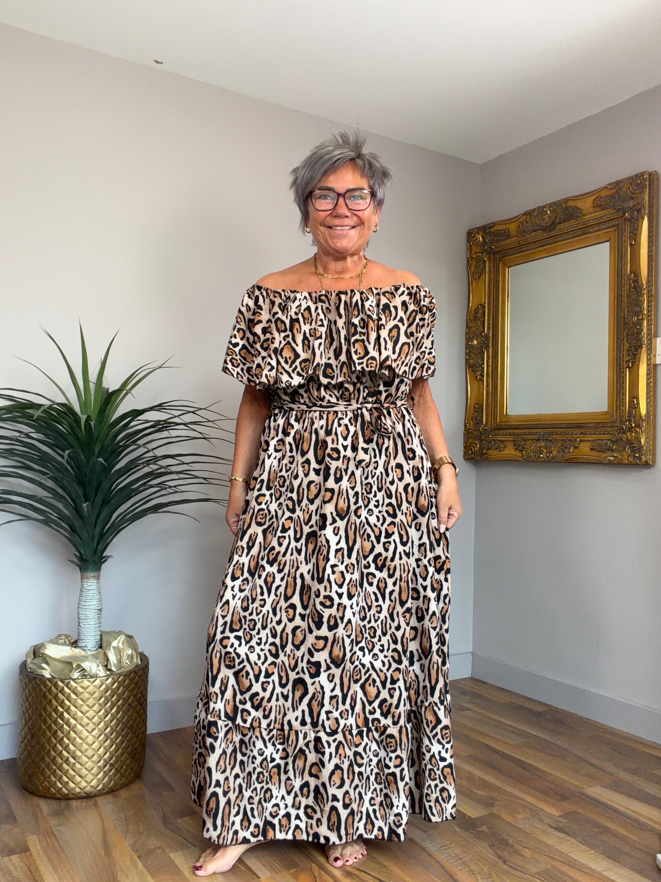 Animal Print Frill Bardot Dress