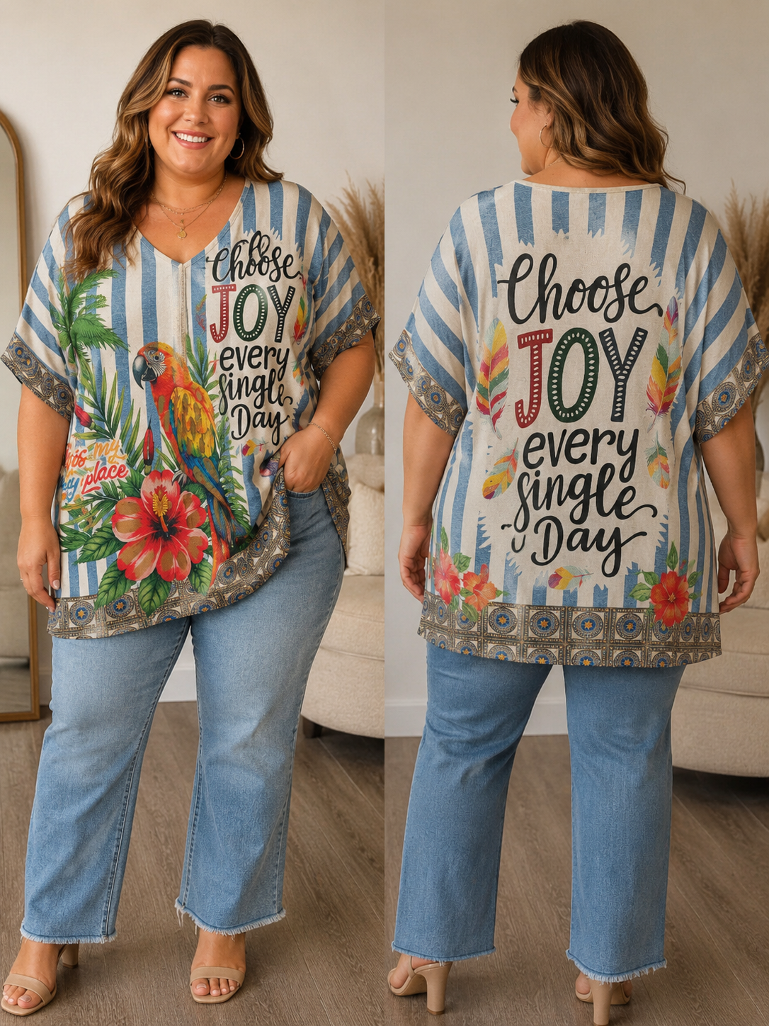 Glitzy Parrot V Neck Top