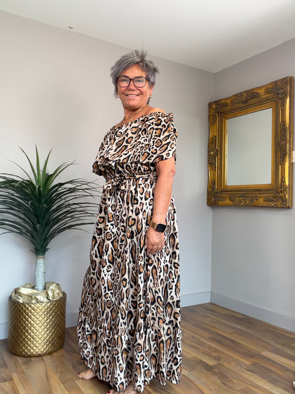Animal Print Frill Bardot Dress