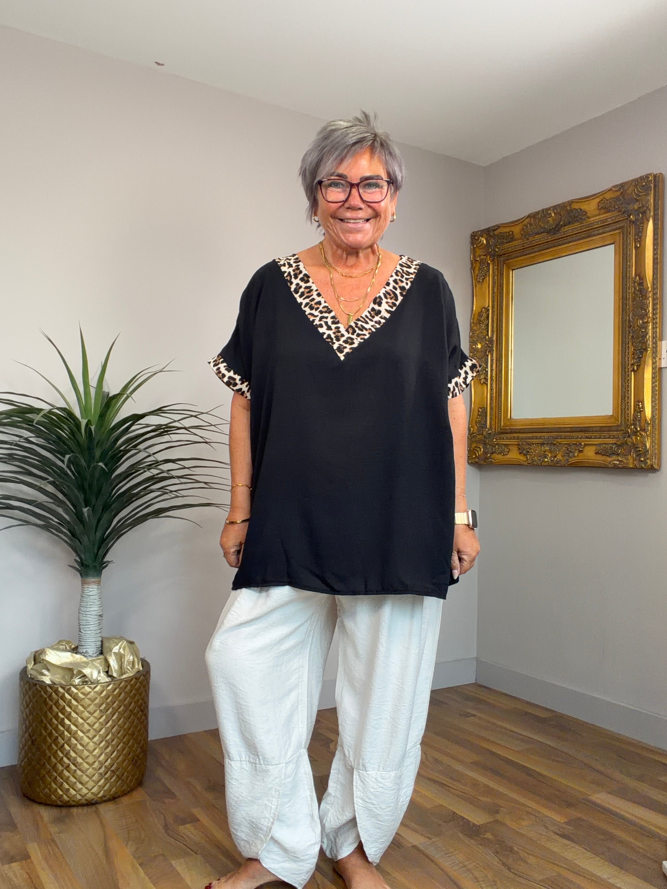 Animal Print Trim Top