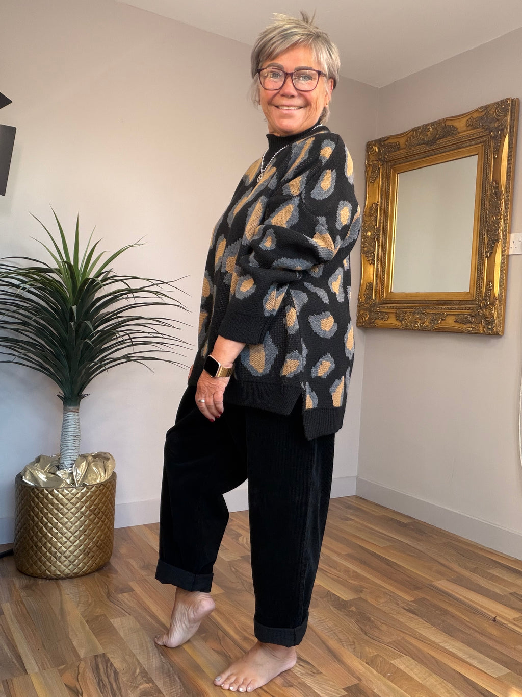 Turtle Neck Animal Print Knit Top