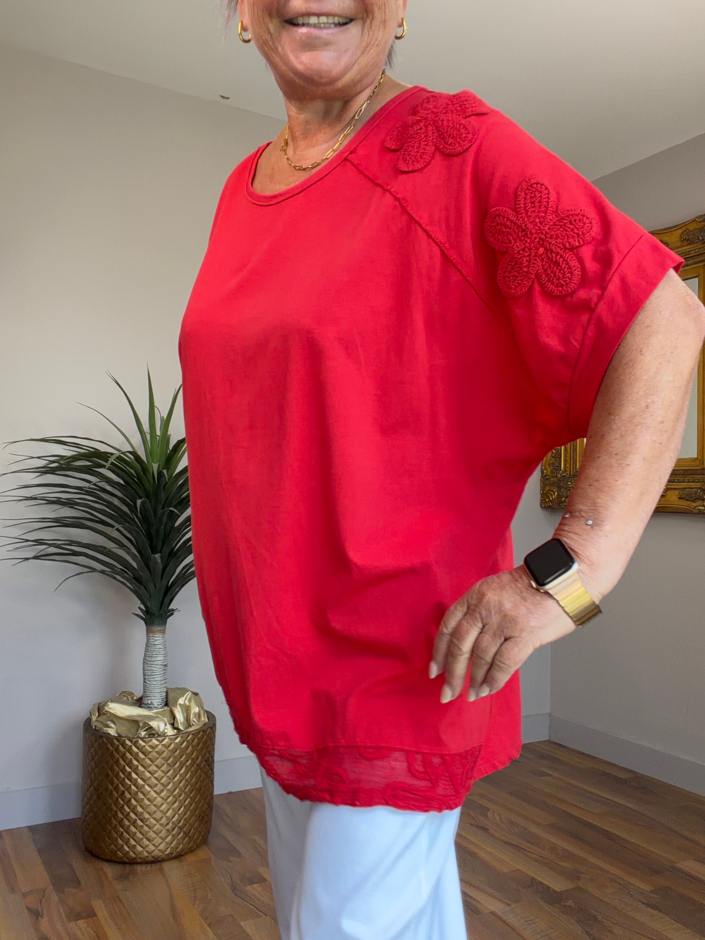 Crochet Flower Sleeve T-Shirt