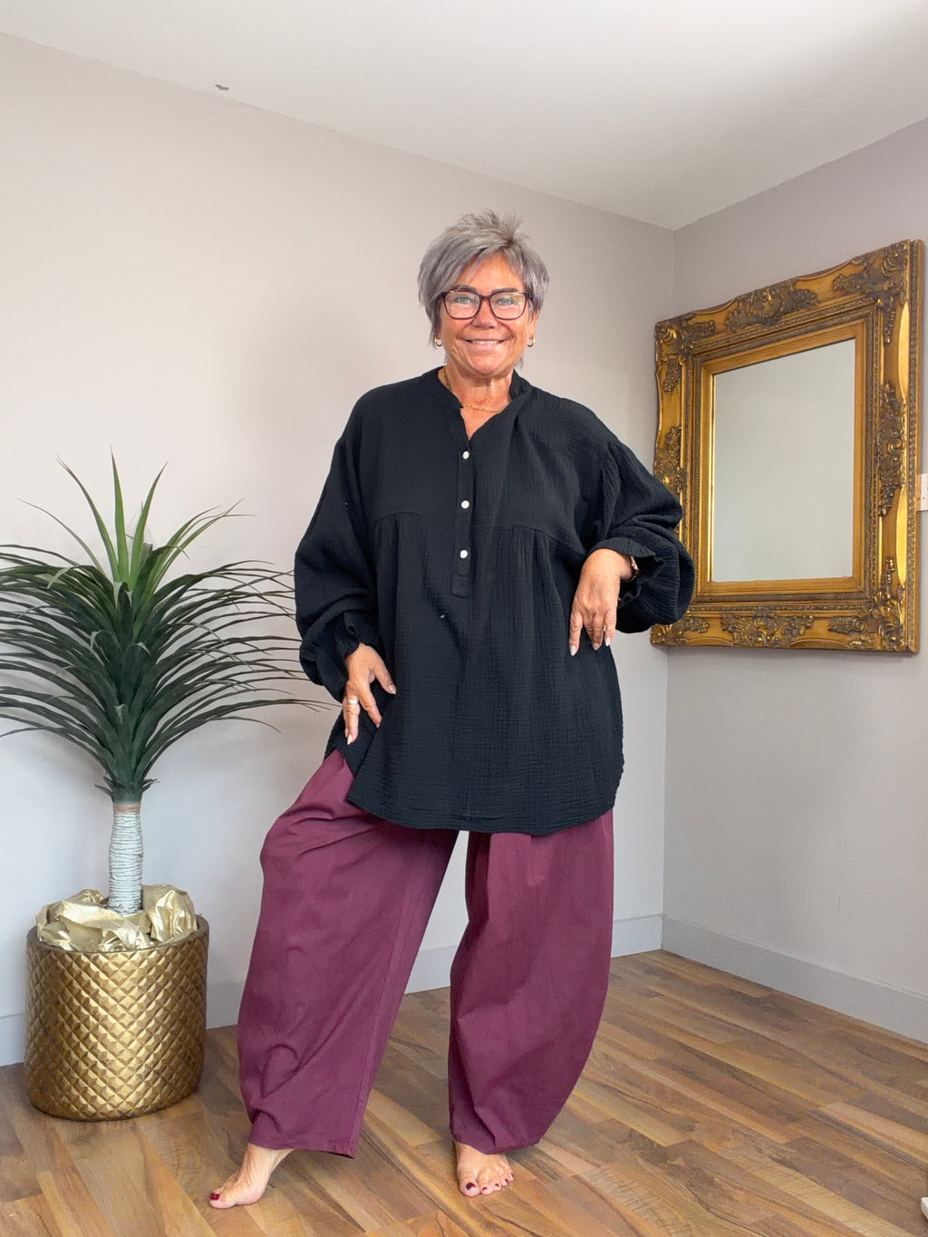Plain 3 Button Smock Style Top
