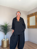 Lucinda Linen Mix Shirt Style Top (matching barrel leg pants available )