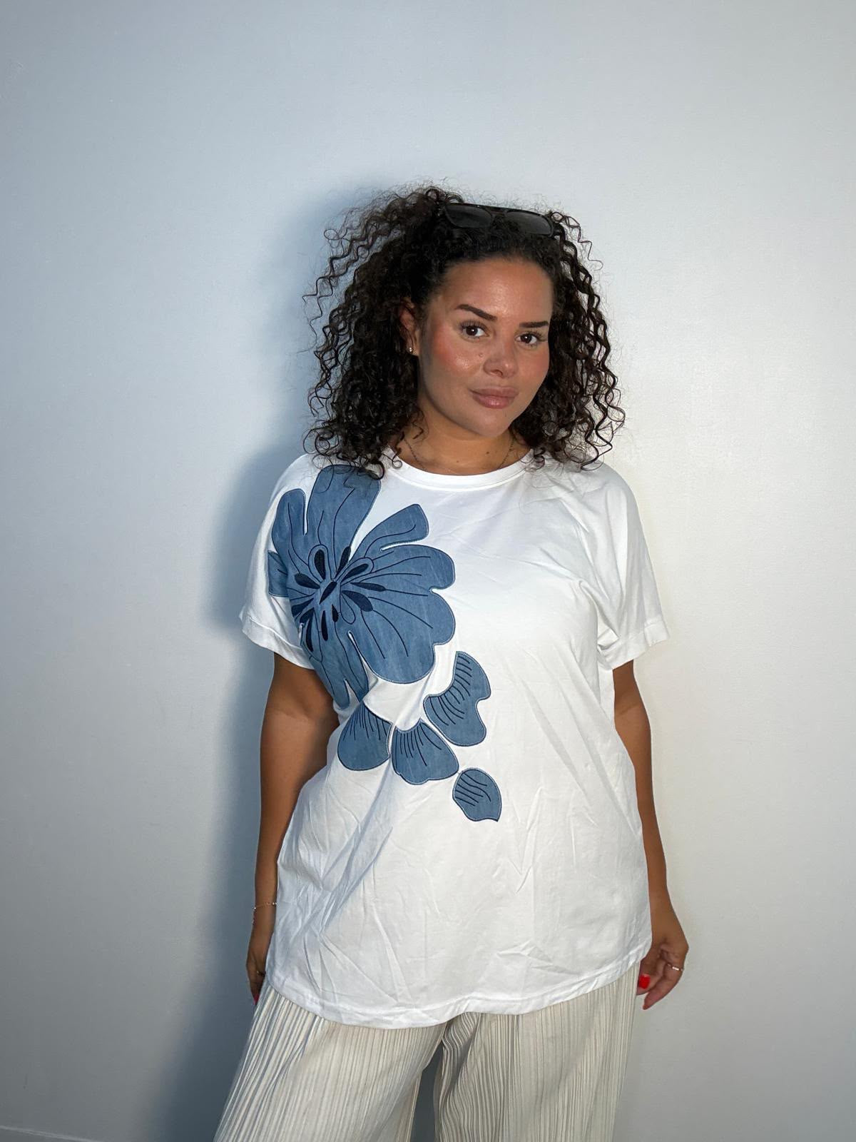White Denim Flower T Shirt