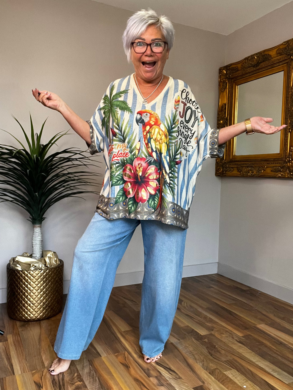 Glitzy Parrot V Neck Top
