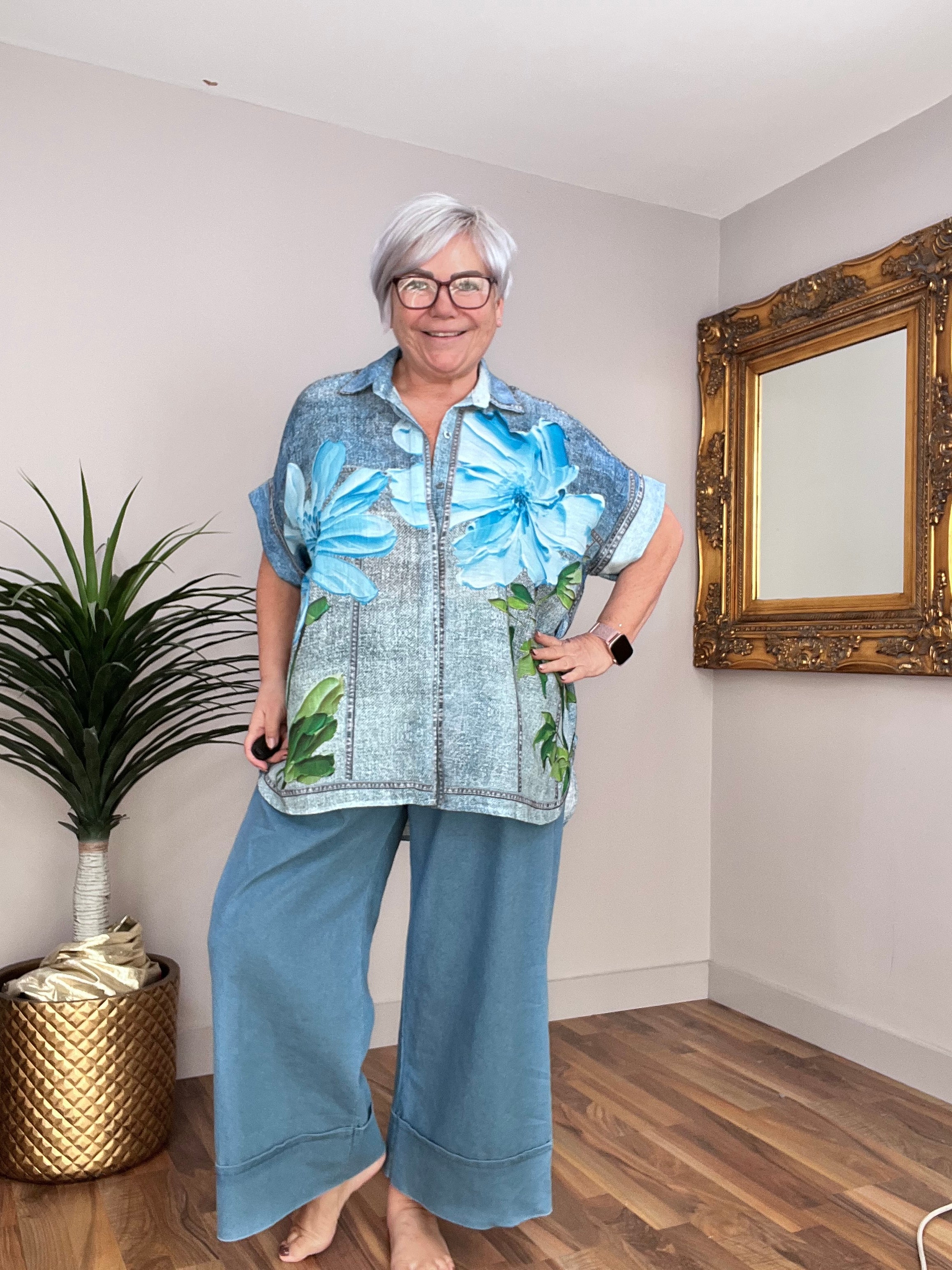🔥 Sale No Return - Tangerine Floral Denim Shirt