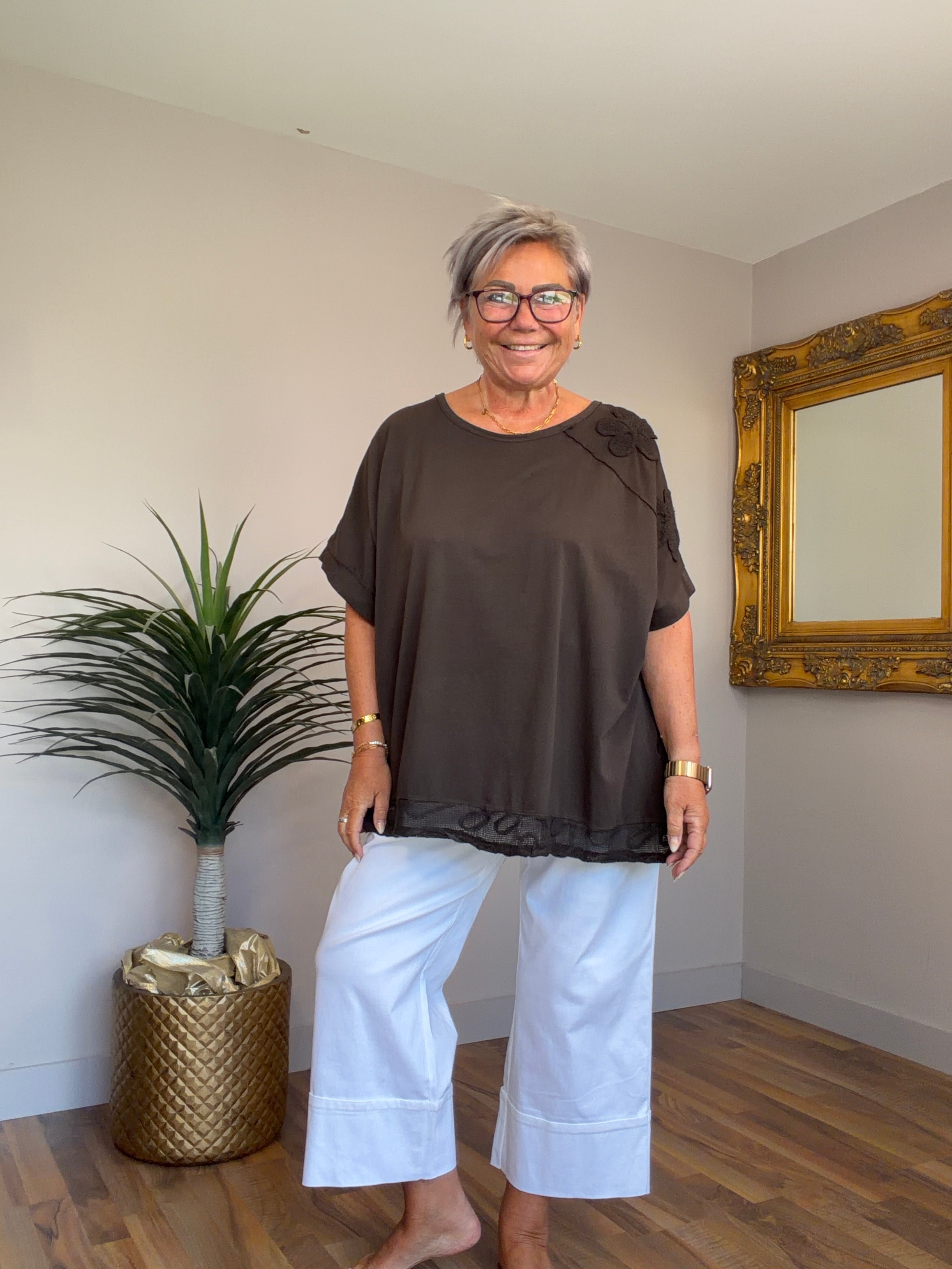 Crochet Flower Sleeve T-Shirt