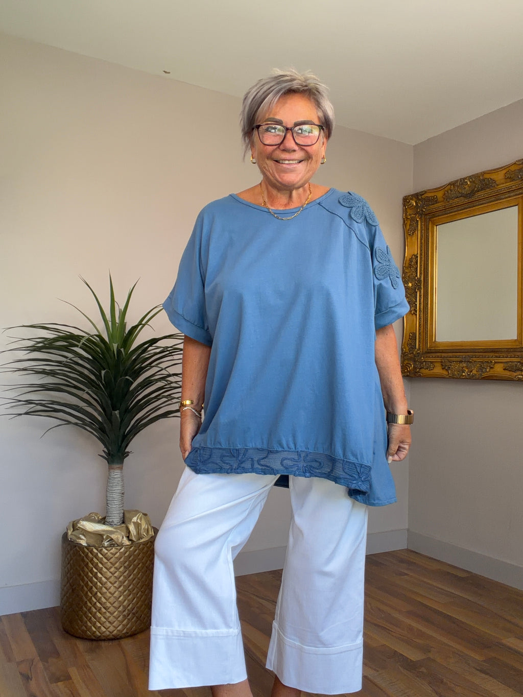 Crochet Flower Sleeve T-Shirt