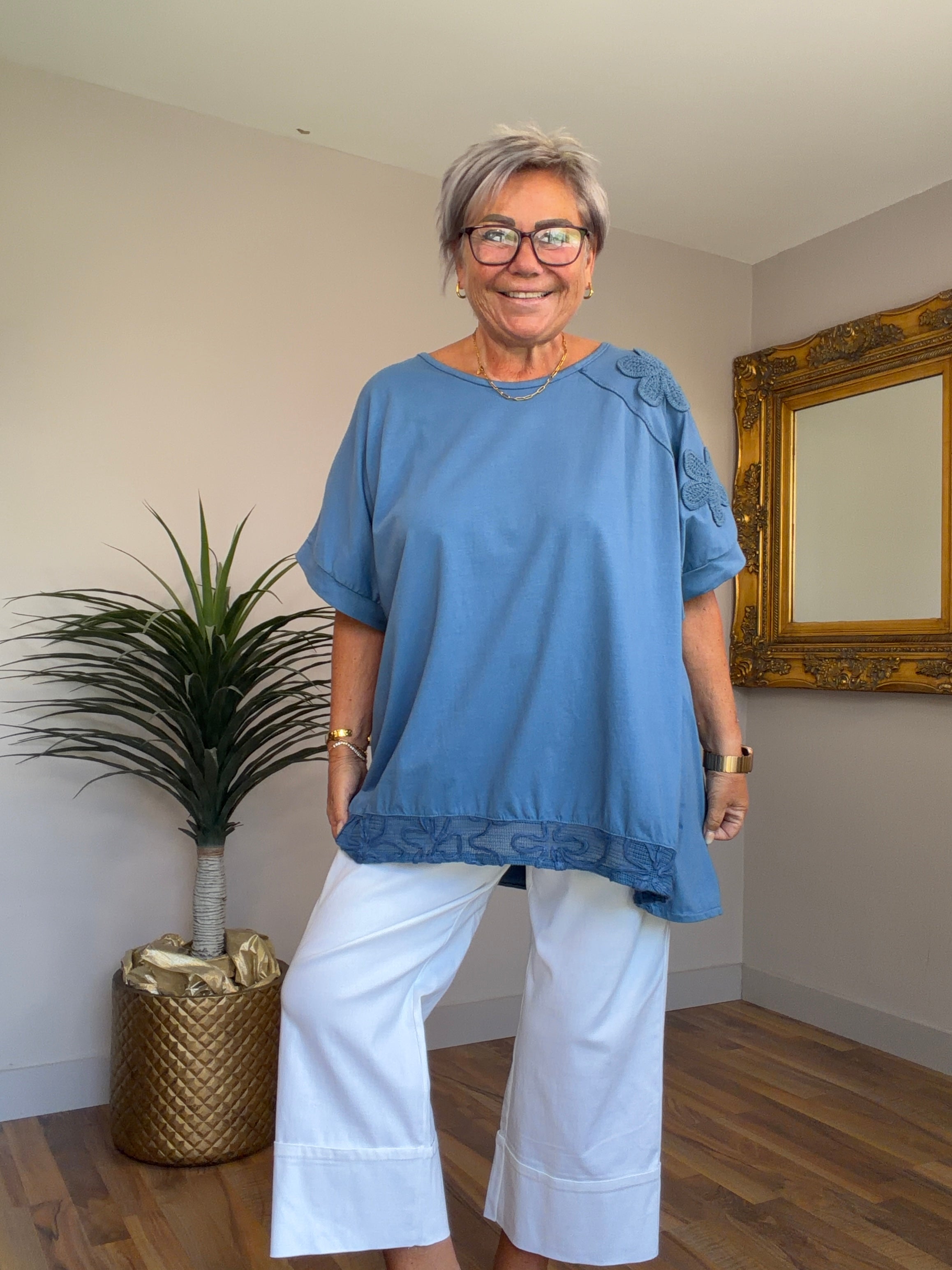 Crochet Flower Sleeve T-Shirt
