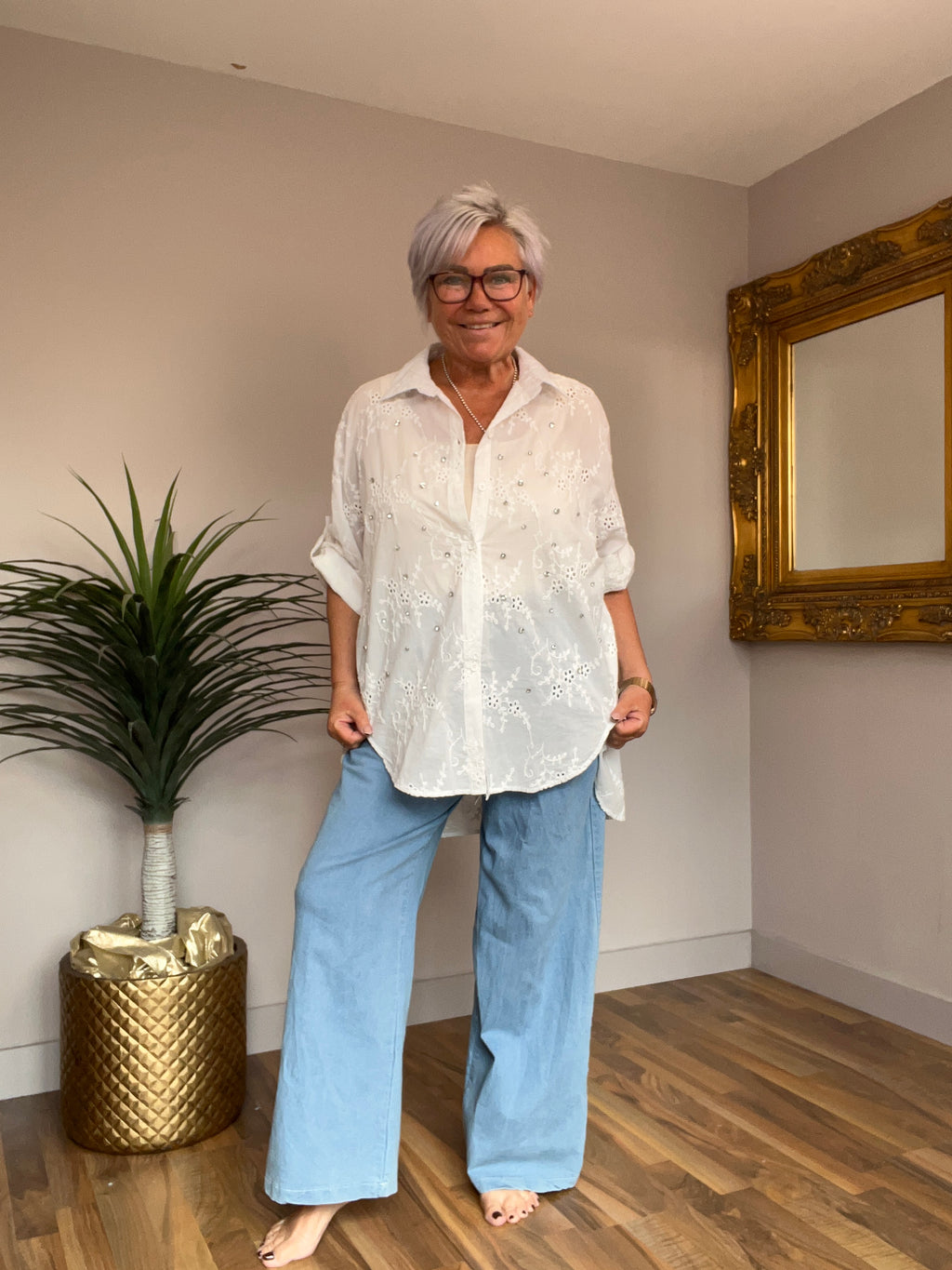 White Flyout Diamonte Embroidered Shirt