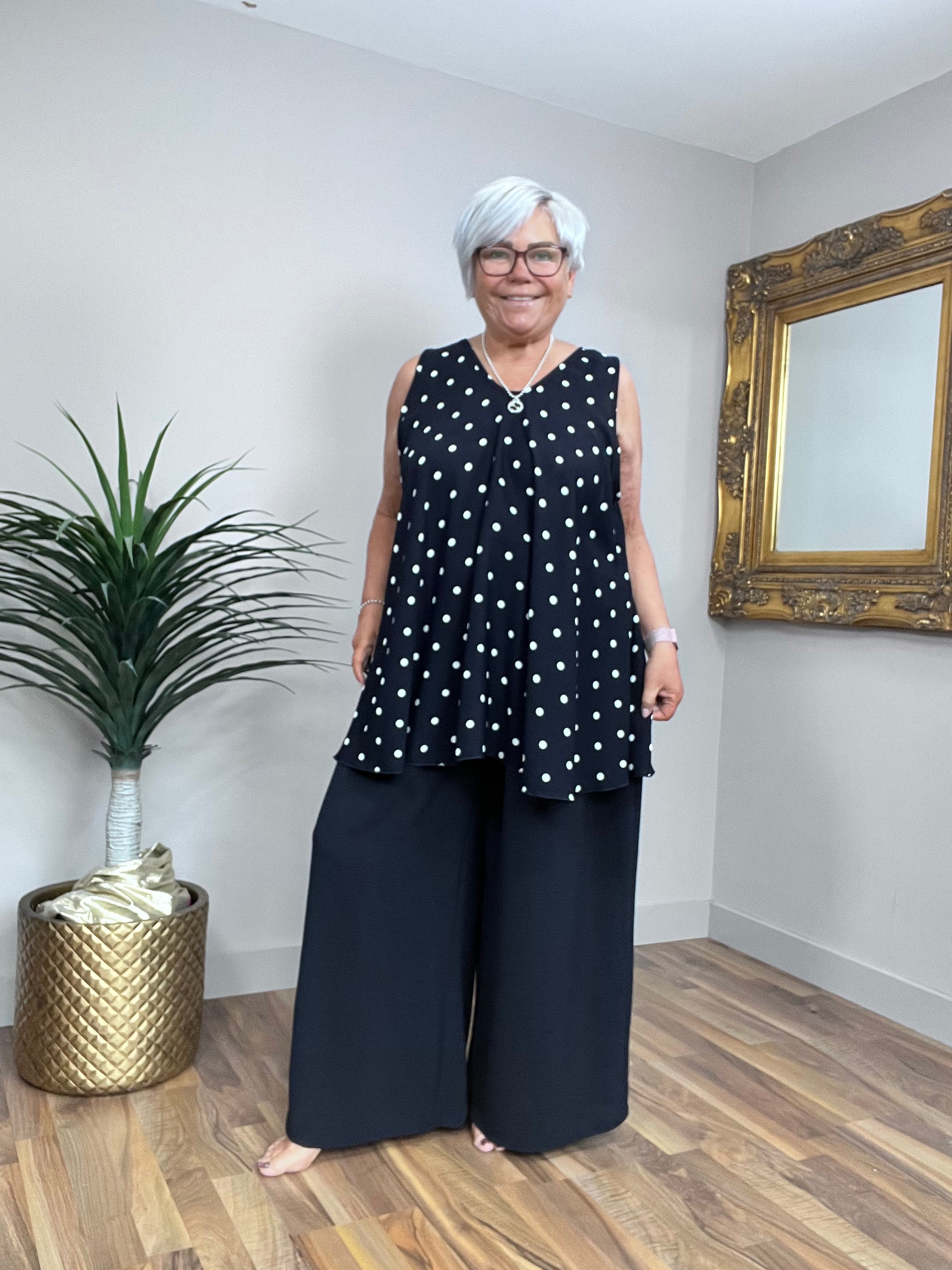 Black Polka Sleeveless Swing and Plain Palazzos