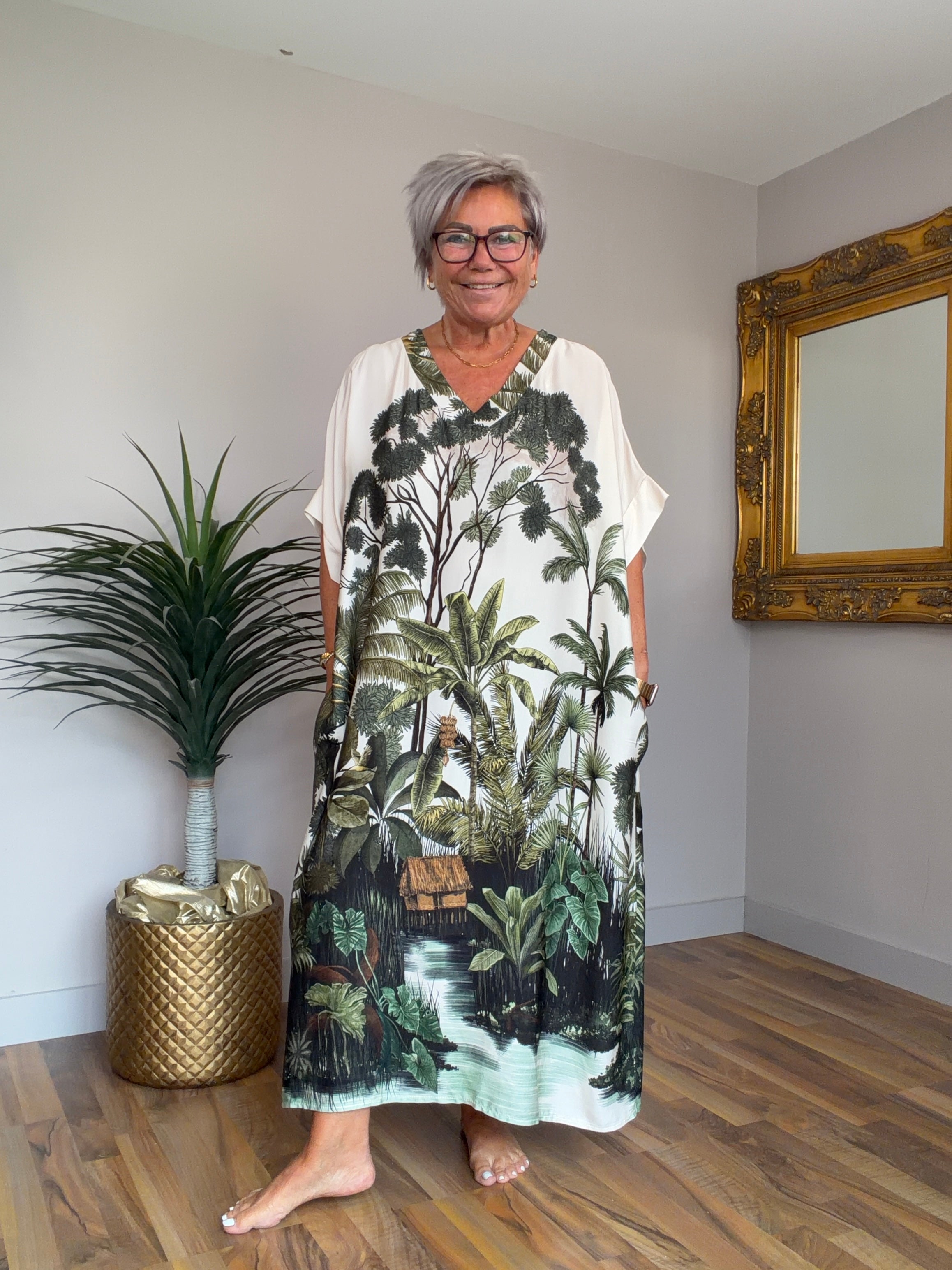Silk Mix Palm Tree Pocket Dress