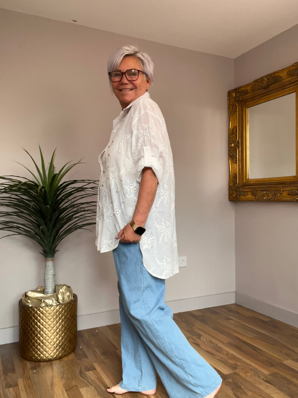 White Flyout Diamonte Embroidered Shirt