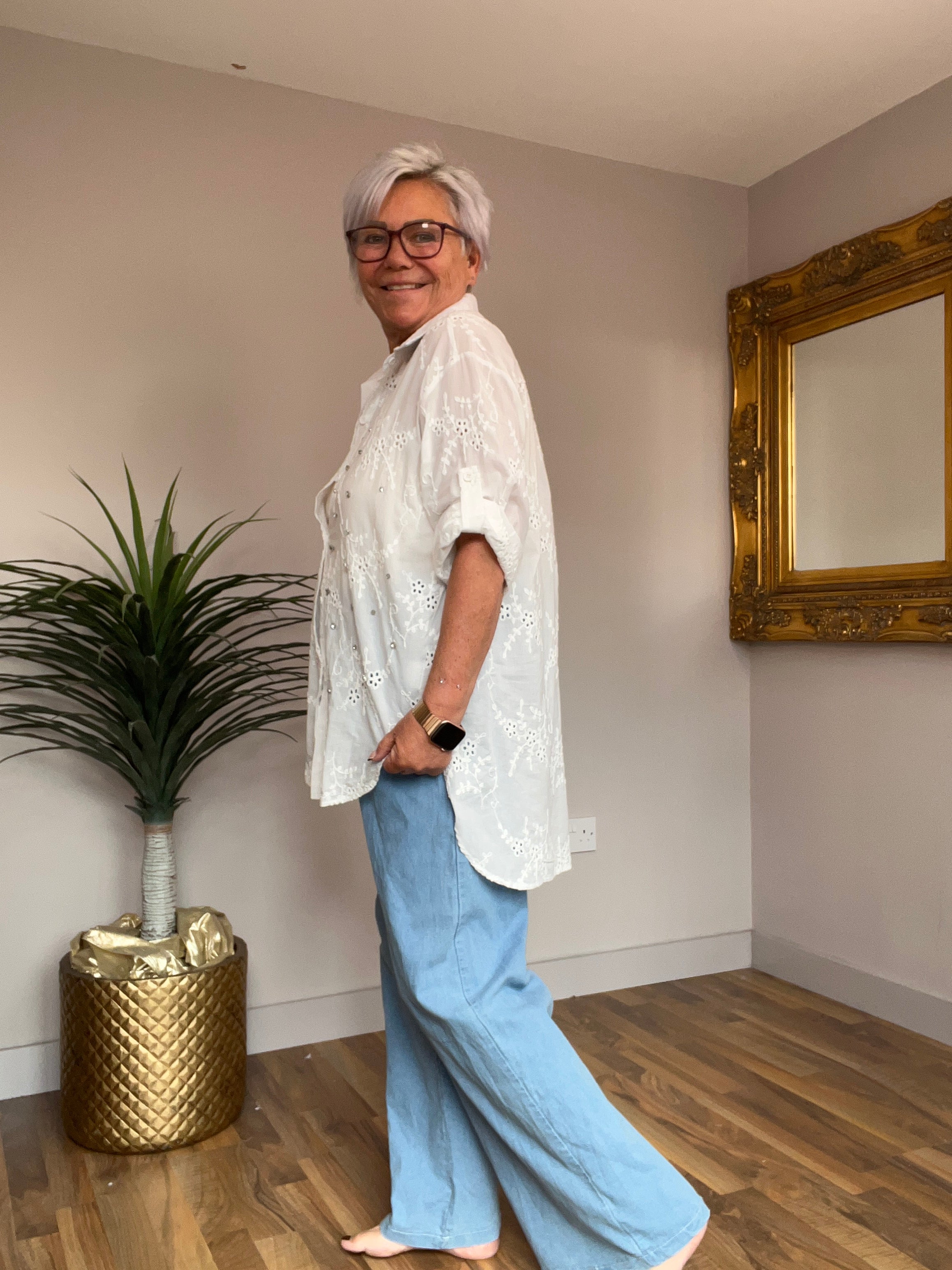 White Flyout Diamonte Embroidered Shirt