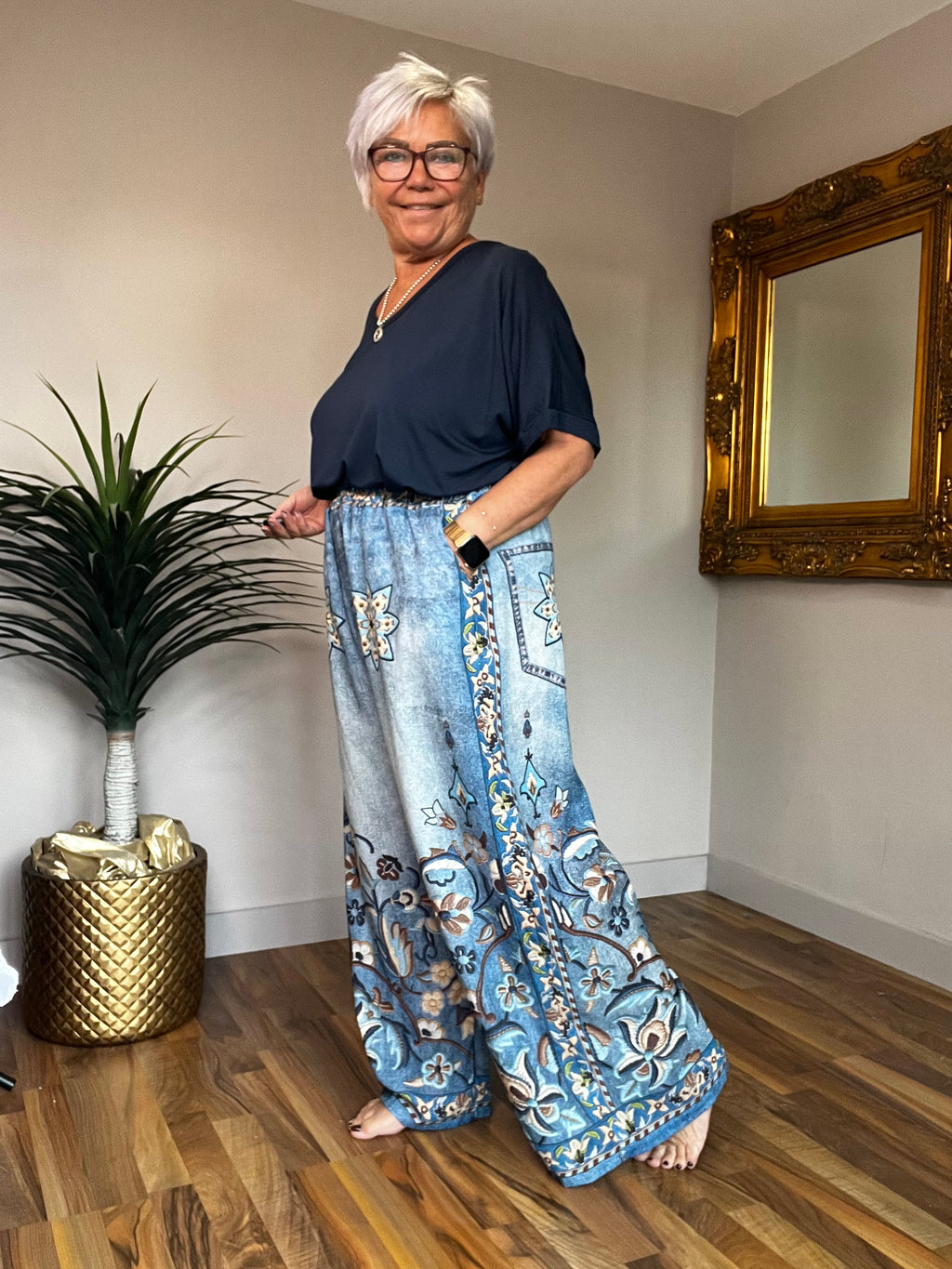 Navy Tone Flower Palazzos