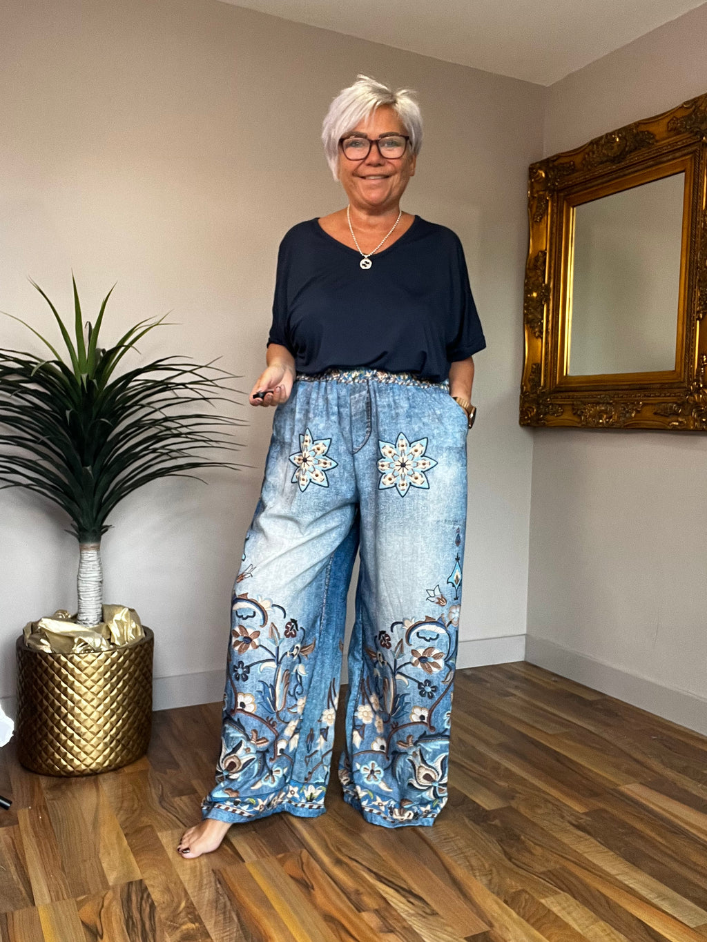 Navy Tone Flower Palazzos