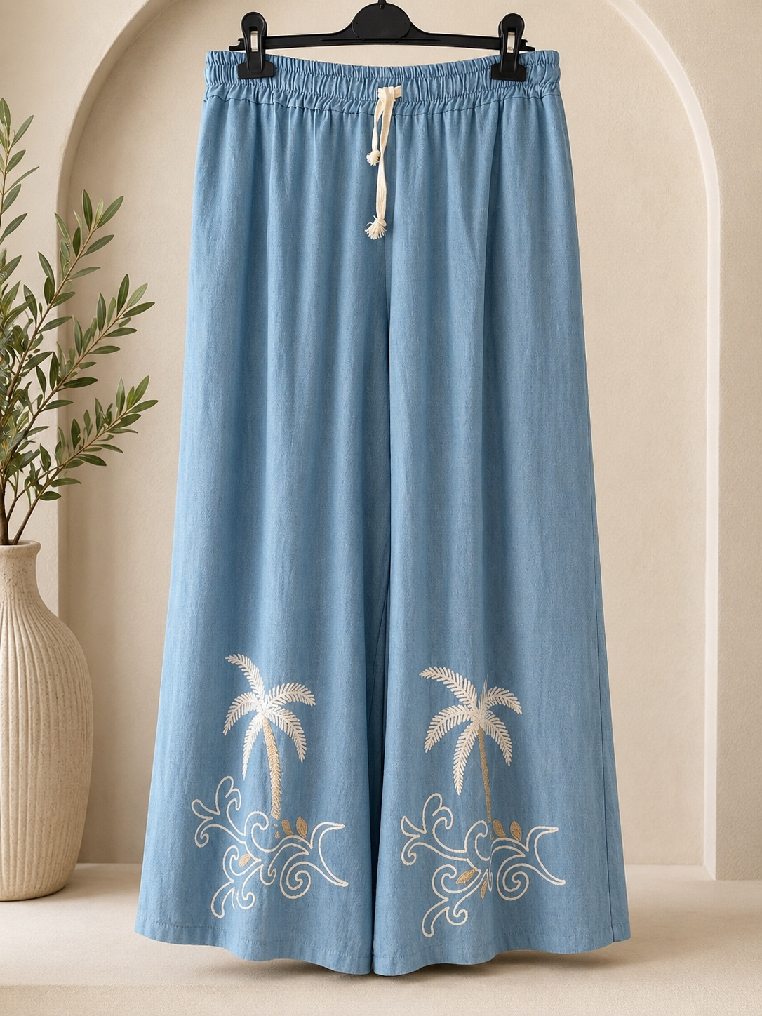 🔥Sale No Return - Light Denim Palm Tree Palazzos size 14/16